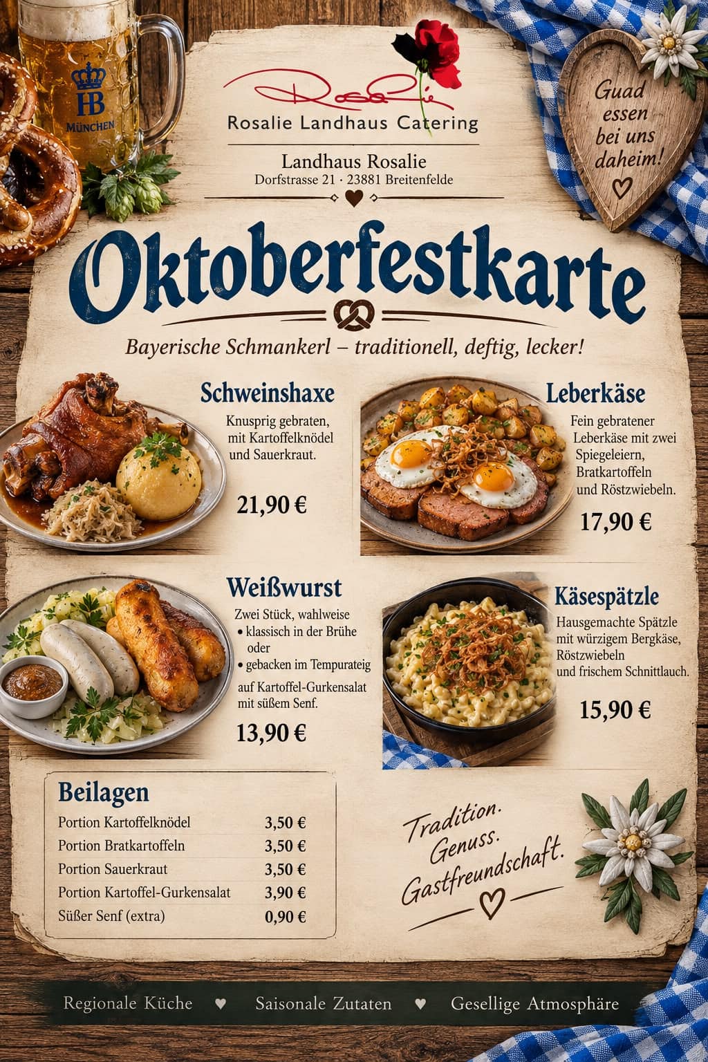 oktoberfestkarte Oktoberfestkarte des Landhaus Rosalie mit bayerischen Gerichten und Preisen